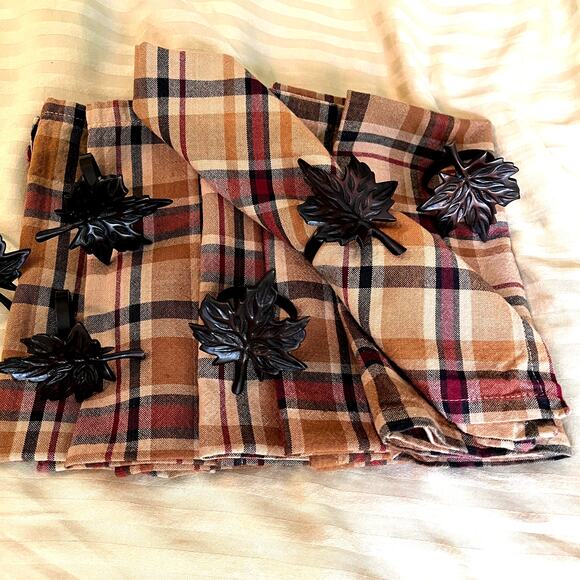 Set 6 plaid cloth dinner napkins, bronze tone metal leaf napkin rings Fall decor - Picture 1 of 10